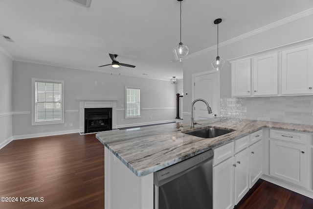 kitchen featuring dark hardwood / wood-style flooring, dishwasher, sink, white cabinetry, and ceiling fan