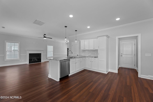 kitchen with dark hardwood / wood-style floors, stainless steel dishwasher, sink, ceiling fan, and white cabinets