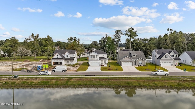 bird's eye view with a water view