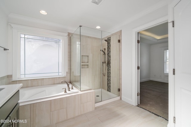 bathroom with crown molding, vanity, separate shower and tub, and tile patterned flooring