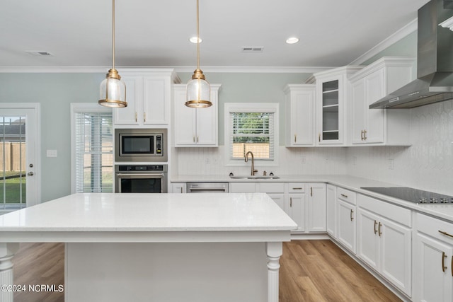 kitchen with wall chimney exhaust hood, light hardwood / wood-style floors, a center island, stainless steel appliances, and sink