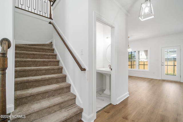 staircase with crown molding and hardwood / wood-style floors