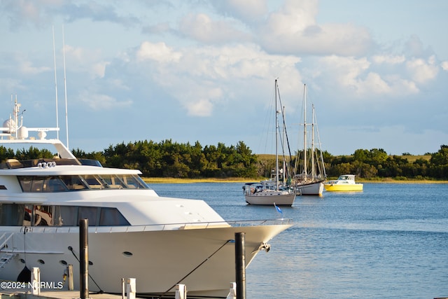 exterior space with a water view