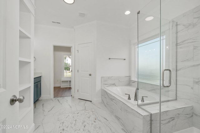 bathroom featuring shower with separate bathtub, crown molding, and vanity