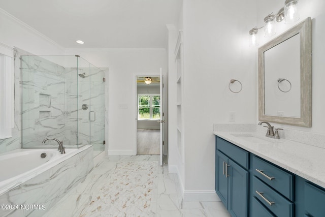 bathroom featuring vanity, ornamental molding, and independent shower and bath