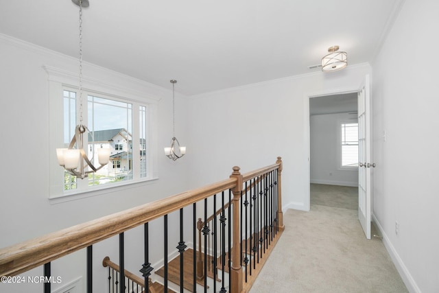 corridor with a chandelier, light colored carpet, an upstairs landing, baseboards, and crown molding