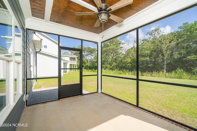 unfurnished sunroom with wood ceiling and ceiling fan