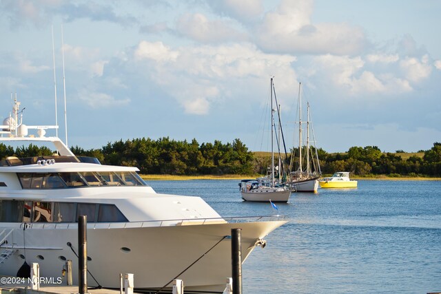 view of dock with a water view