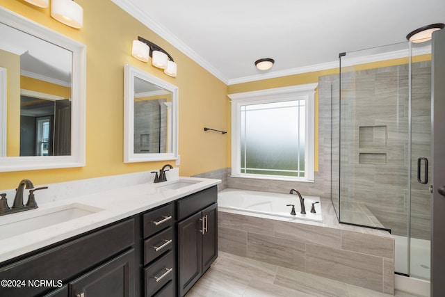 bathroom with double vanity, shower with separate bathtub, ornamental molding, and tile patterned floors