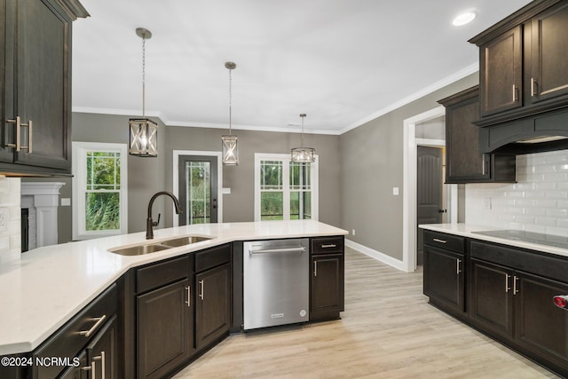 kitchen featuring sink, light wood-type flooring, dark brown cabinets, stainless steel dishwasher, and hanging light fixtures