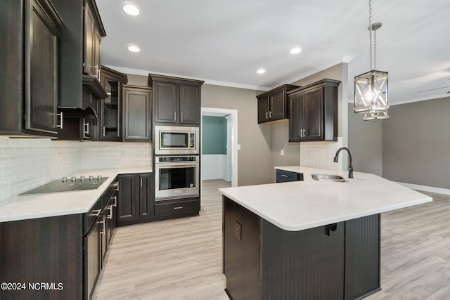 kitchen featuring backsplash, stainless steel appliances, light hardwood / wood-style flooring, sink, and kitchen peninsula