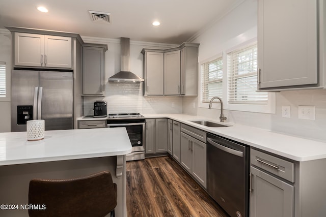 kitchen featuring wall chimney range hood, gray cabinets, sink, and appliances with stainless steel finishes