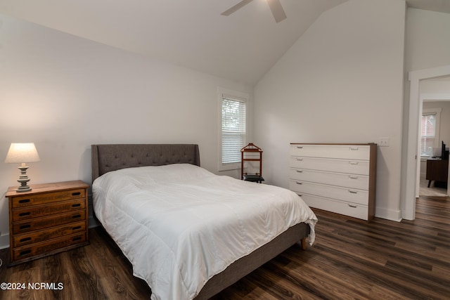 bedroom featuring high vaulted ceiling, dark hardwood / wood-style floors, and ceiling fan