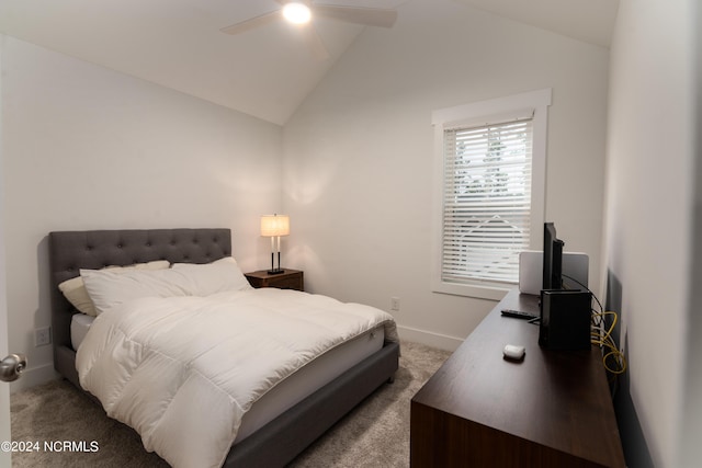 bedroom with lofted ceiling, carpet floors, and ceiling fan