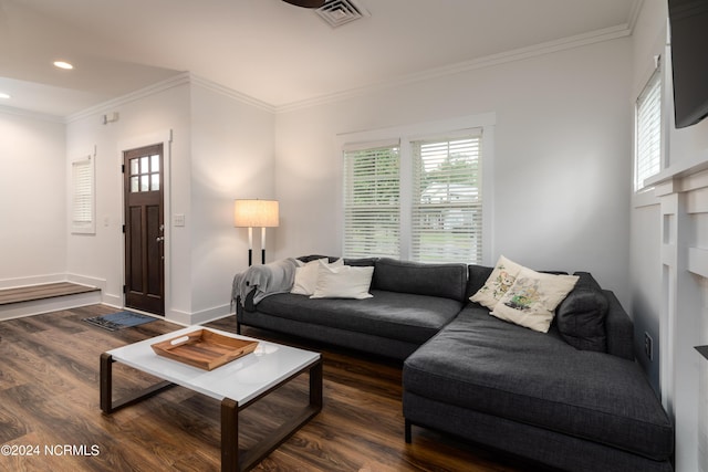 living room featuring dark wood-type flooring and ornamental molding