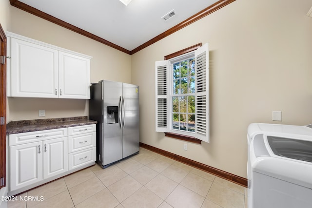 kitchen featuring crown molding, stainless steel refrigerator with ice dispenser, white cabinets, and light tile patterned floors