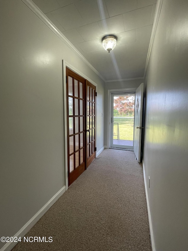 hall featuring ornamental molding and carpet flooring