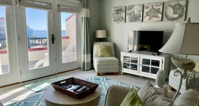 living room featuring french doors and carpet flooring