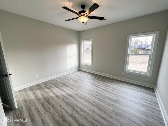 spare room with a wealth of natural light, light hardwood / wood-style flooring, and ceiling fan