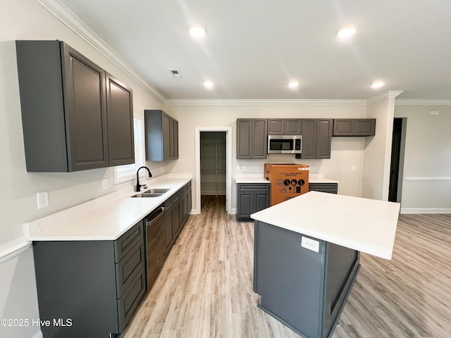 kitchen with gray cabinetry, a center island, sink, and appliances with stainless steel finishes