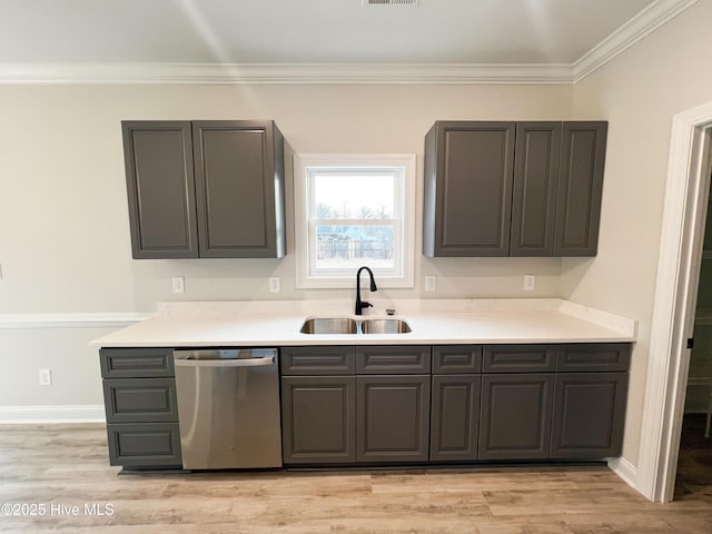 kitchen with dishwasher, light hardwood / wood-style floors, crown molding, and sink