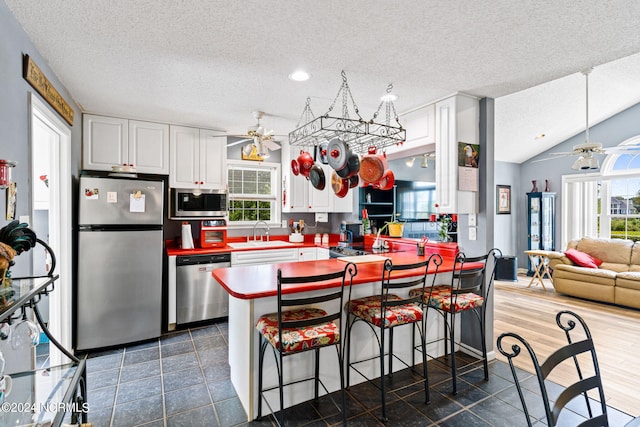 kitchen with dark hardwood / wood-style flooring, white cabinetry, ceiling fan, and stainless steel appliances