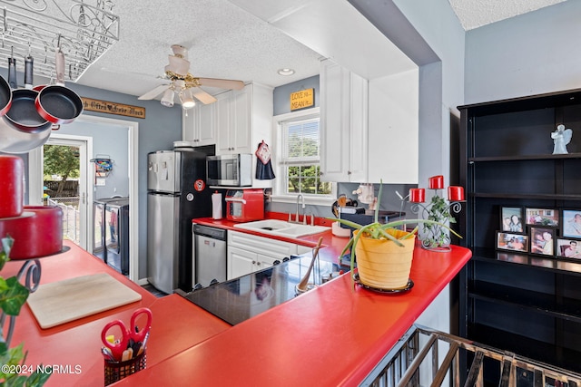 kitchen featuring appliances with stainless steel finishes, sink, a textured ceiling, white cabinetry, and ceiling fan