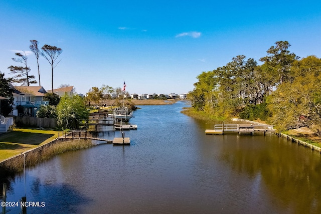 water view featuring a dock