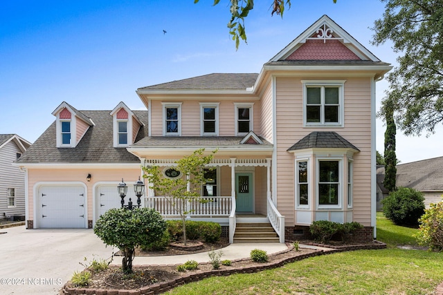 view of front of home with a garage, covered porch, and a front yard