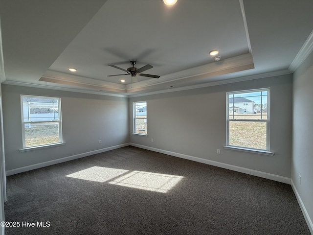 unfurnished room with a tray ceiling, a wealth of natural light, and baseboards