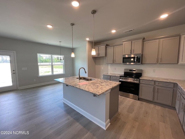 kitchen with appliances with stainless steel finishes, an island with sink, a sink, and visible vents