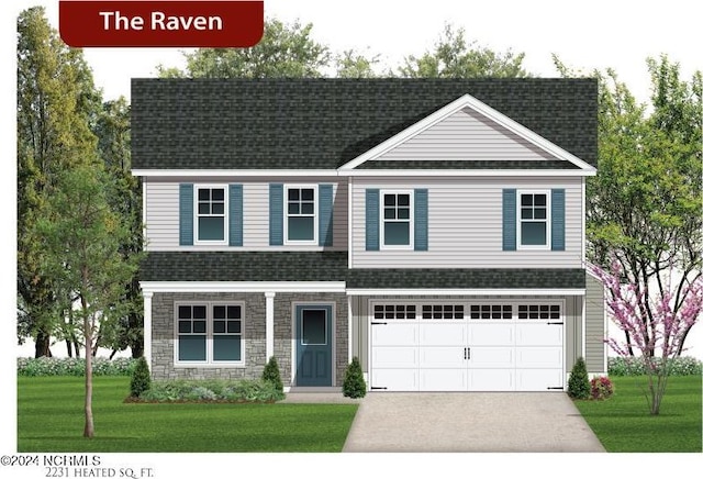 322 Bellows Ln, Rocky Point, NC 28457 - traditional home featuring concrete driveway, stone siding, roof with shingles, a front yard, and a garage