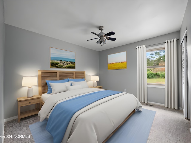 bedroom featuring light carpet, ceiling fan, and baseboards