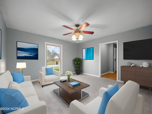 living room with light colored carpet and ceiling fan