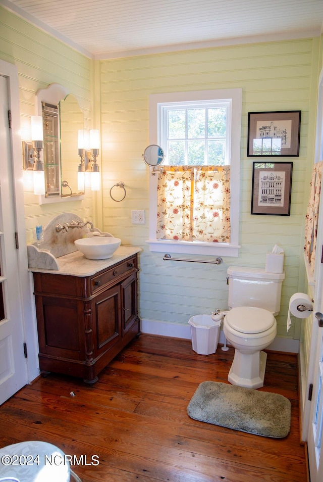 bathroom with toilet, vanity, and hardwood / wood-style flooring