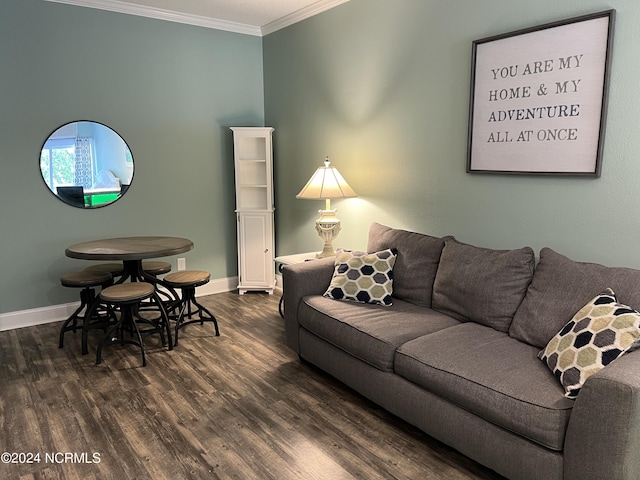 living room with ornamental molding and dark hardwood / wood-style floors