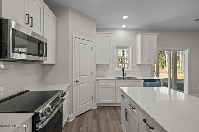 kitchen with white cabinetry, appliances with stainless steel finishes, dark hardwood / wood-style floors, and sink