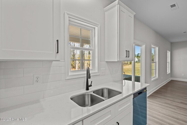 kitchen with white cabinetry, sink, decorative backsplash, and black dishwasher