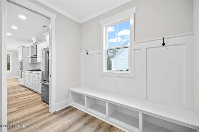 mudroom featuring crown molding and light hardwood / wood-style floors