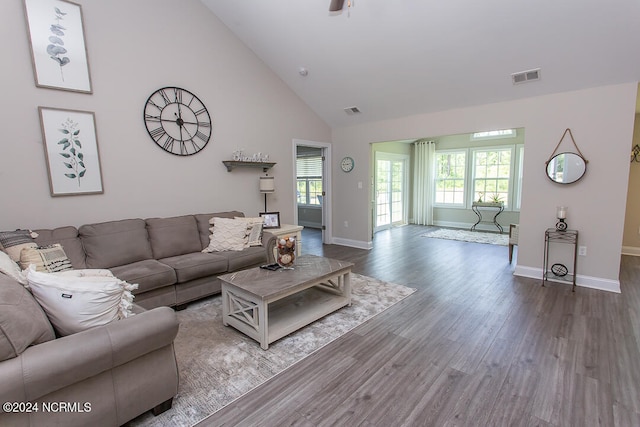 living room with hardwood / wood-style flooring and high vaulted ceiling