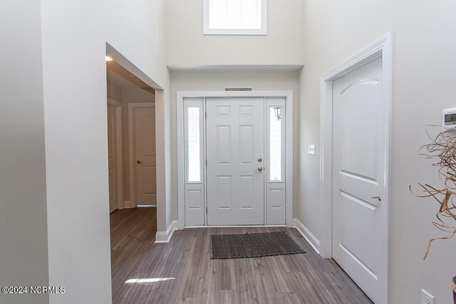 entrance foyer featuring dark hardwood / wood-style flooring and a towering ceiling