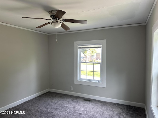 carpeted spare room with ceiling fan and ornamental molding