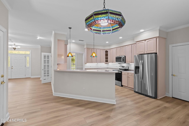 kitchen featuring appliances with stainless steel finishes, crown molding, light brown cabinets, and hanging light fixtures