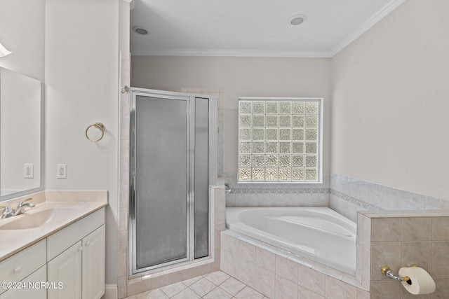 bathroom with vanity, crown molding, independent shower and bath, and tile patterned flooring