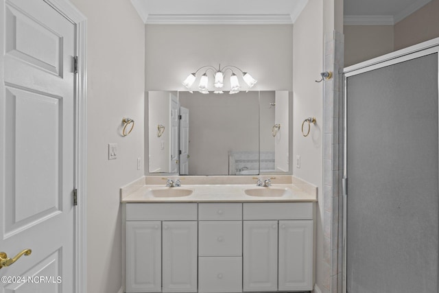 bathroom featuring an enclosed shower, vanity, and ornamental molding