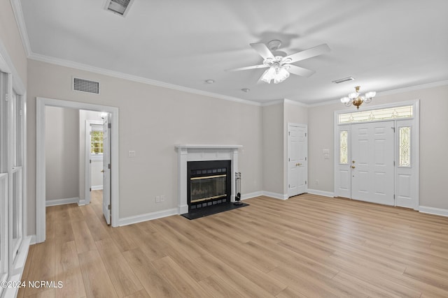 unfurnished living room featuring light hardwood / wood-style floors, ornamental molding, and ceiling fan