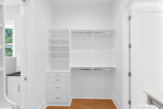 walk in closet with light hardwood / wood-style flooring