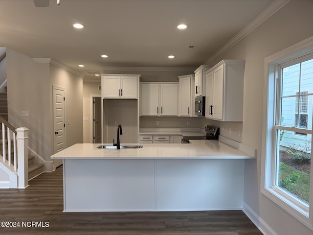 kitchen with kitchen peninsula, electric stove, dark hardwood / wood-style flooring, white cabinets, and sink