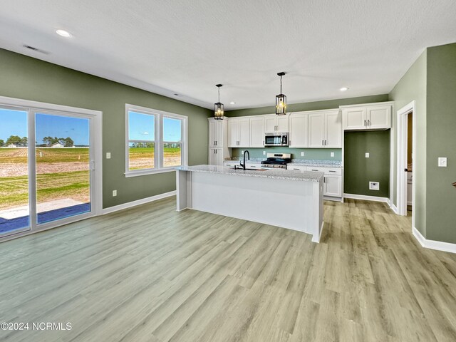 kitchen featuring white cabinetry, light wood-type flooring, light stone counters, stainless steel appliances, and pendant lighting