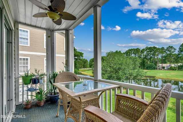 sunroom / solarium featuring ceiling fan, wood ceiling, and a water view